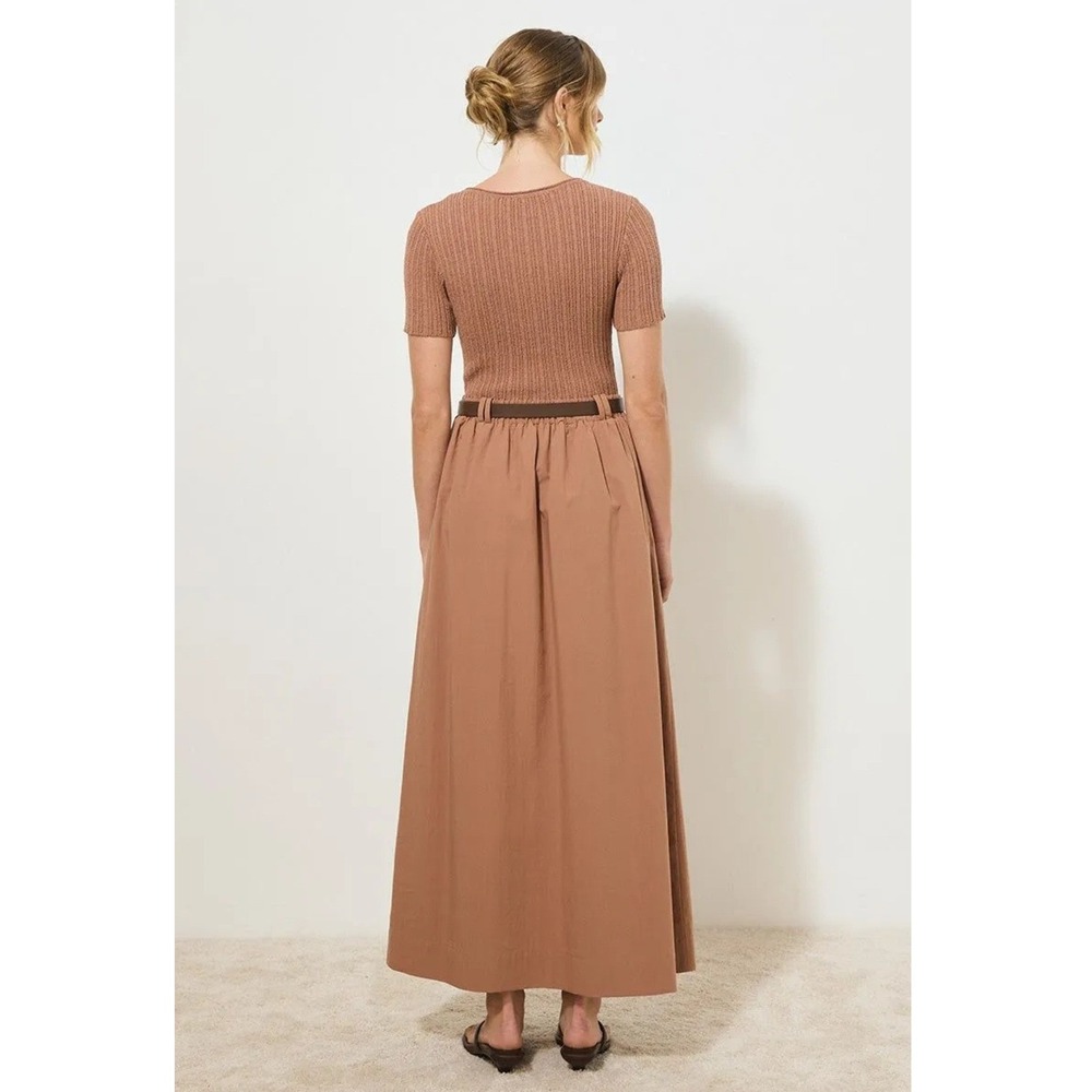 Mon Renn Eternal Knit Combo Dress Hazelnut Brown Ribbed Maxi Belted Short Sleeve - Picture 2 of 5